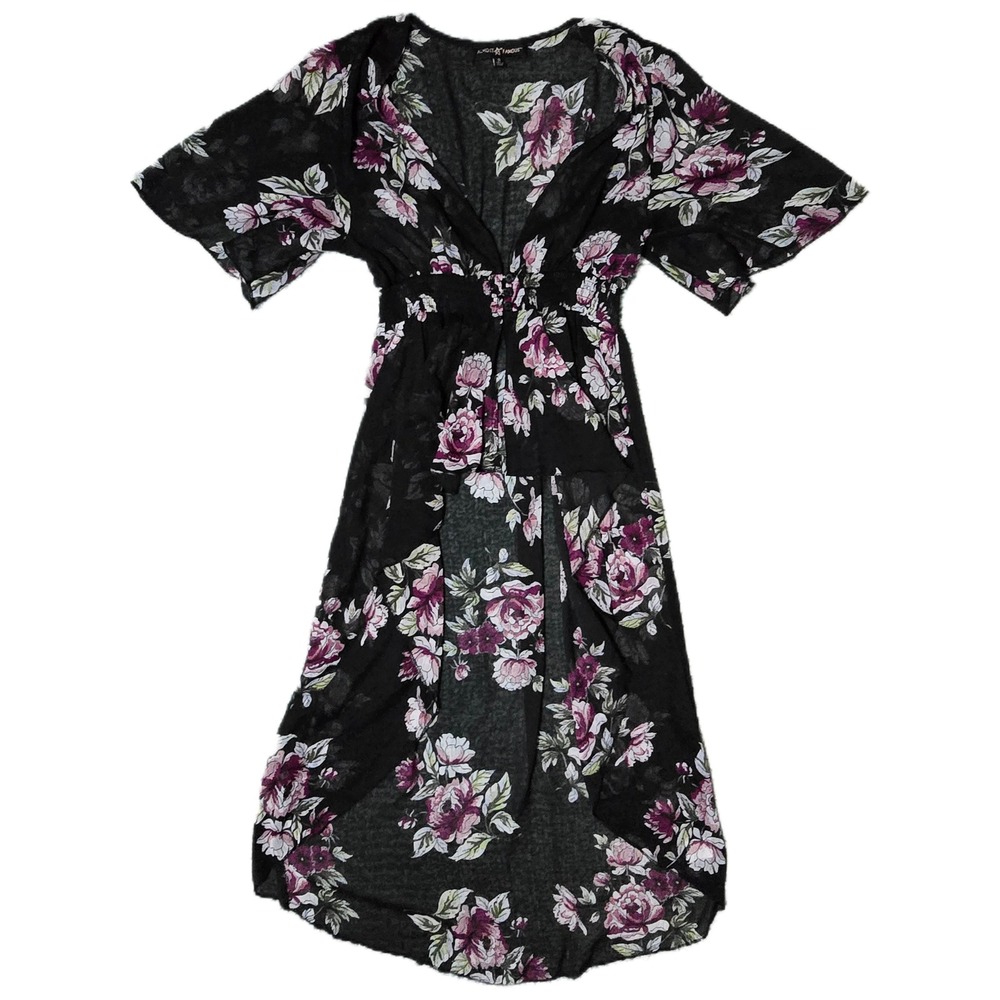 Almost Famous Black Floral Sheer Kimono Cardigan Maxi Dress Women's Size S